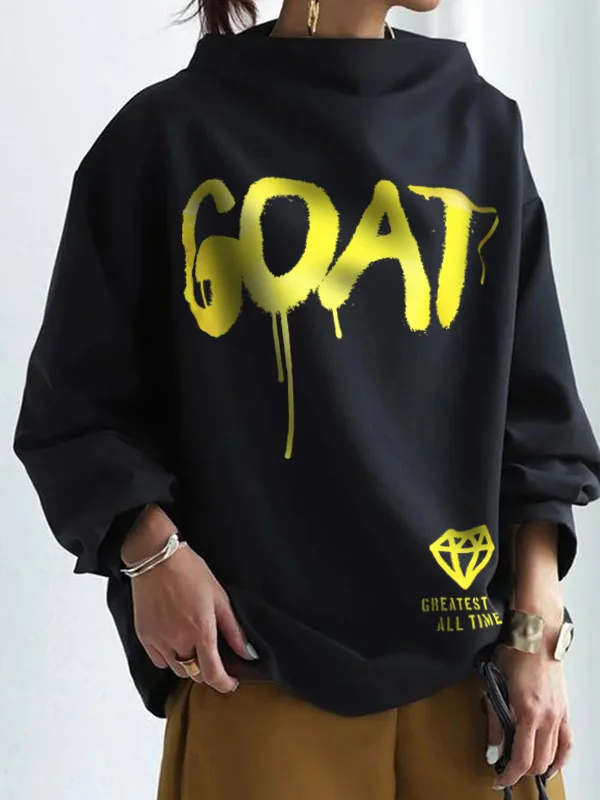 Casual Loose Long Sleeves Letter Print High-Neck T-Shirts Tops