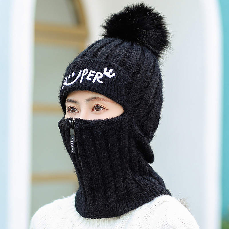 Simple Printed Warm Knit Wool Zipper Hat