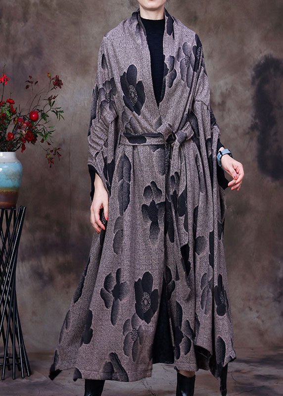 Modern Grey Asymmetrical Print Woolen Coat Winter CK2547- Fabulory
