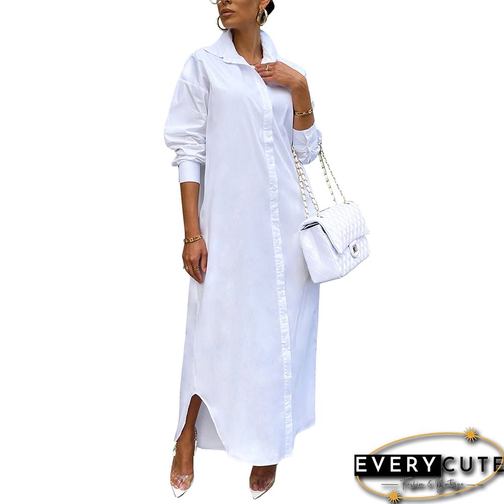 White Long Sleeve Buttoned Maxi Shirt Dress