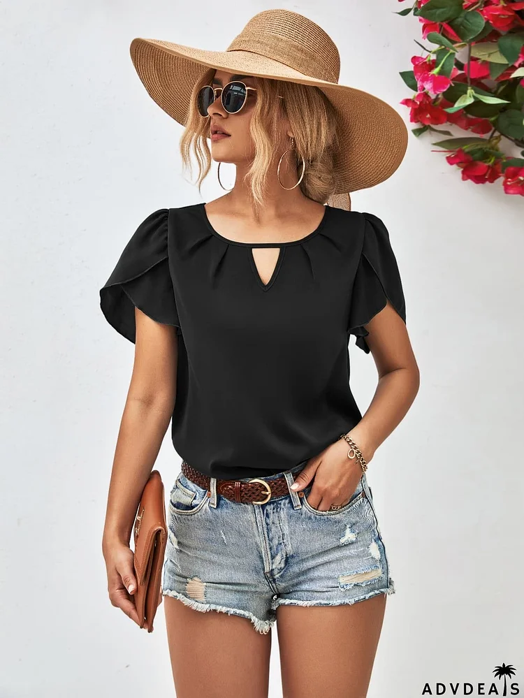 Cutout Round Neck Petal Sleeve Blouse