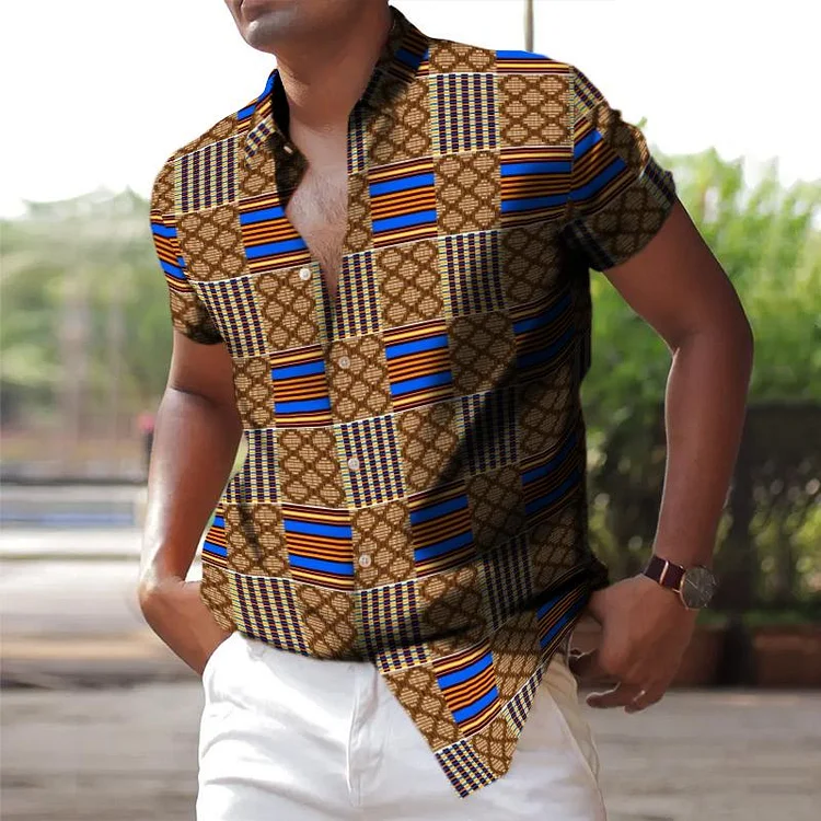 Men's Retro Casual Geometric Lapel Short Sleeve Shirt 85243955TO