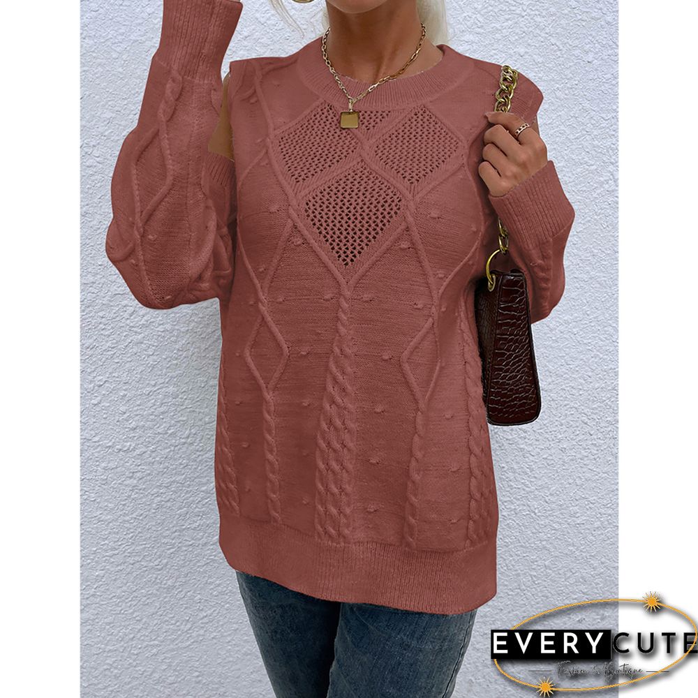 Light Brown Hollow Out Knitted Cold Shoulder Sweater