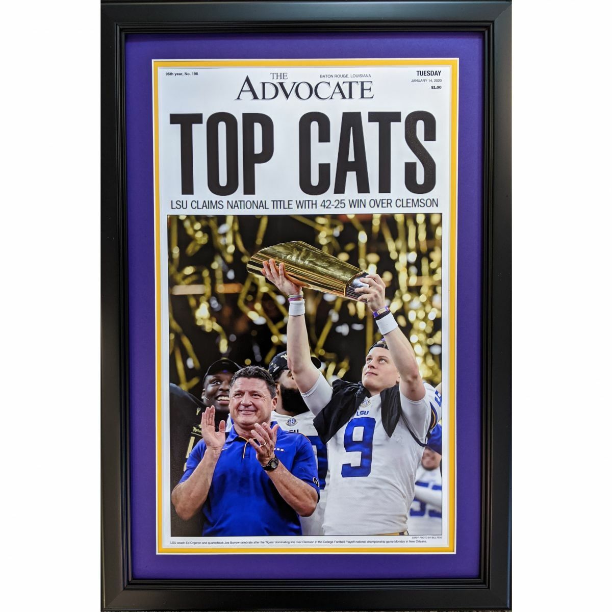 Framed New Orleans Advocate LSU 2019 NCAA Champions Newspaper 17x27 Cover Photo Poster painting