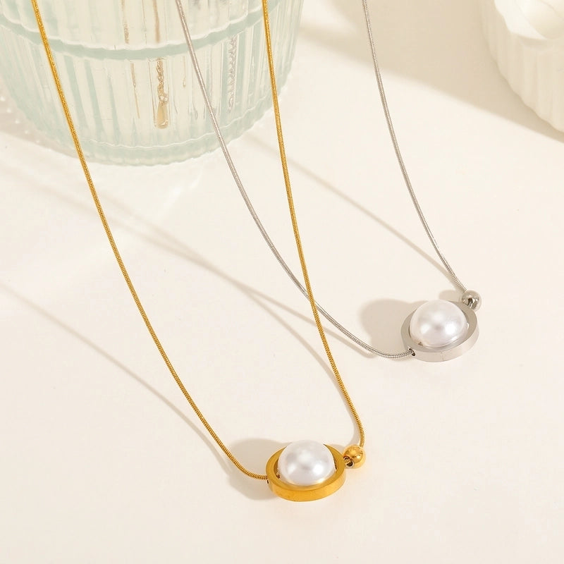 Casual Elegant Minimalist Round 304 Stainless Steel Imitation Pearl 18K Gold Plated Plating Inlay Pendant Necklace