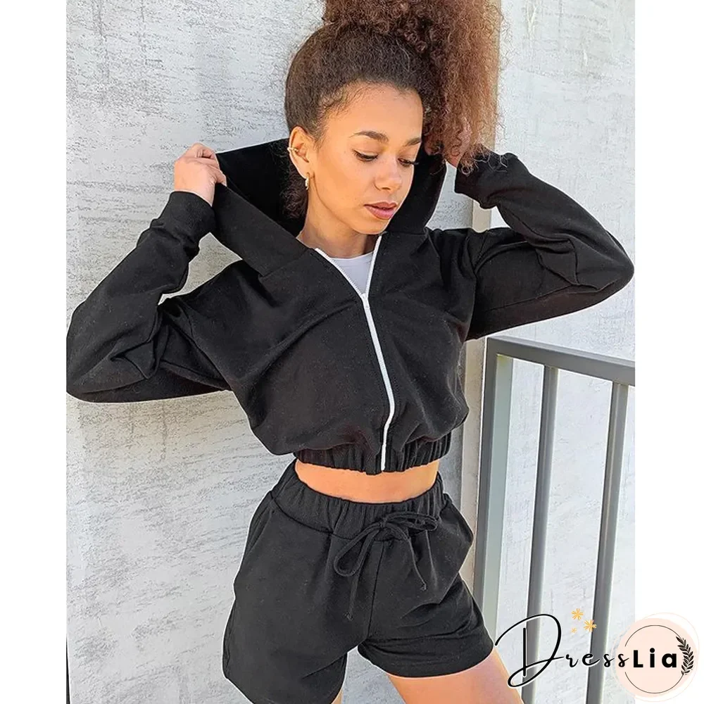 Women Autumn Sexy Solid Outfits New Hooded Zipper Long Sleeve Short Sweatshirts + Sports Shorts Suits Casual Tracksuits 2Pcs Set