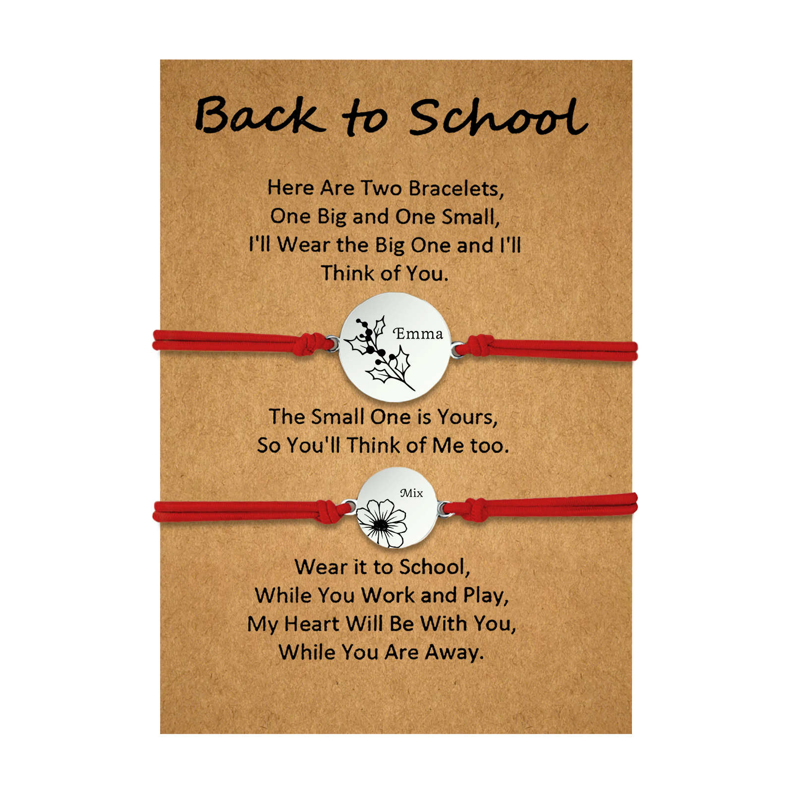 2 Pcs Bracelet Set Personalised Names & Birth Flowers Adjustable Bracelets with Message Card Back to School Gifts for Daughters-Jessemade AU