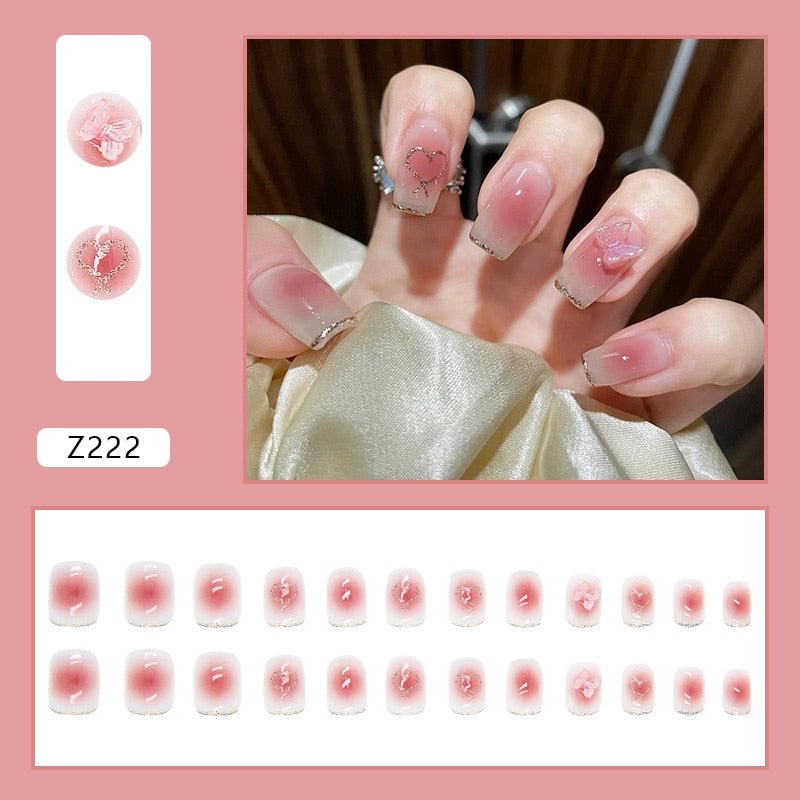 24pcs New Short Butterfly False Nails Heart Glitter Design Artificial Fake Nails Bow Decal Full Cover Nail Tips Press On Nails
