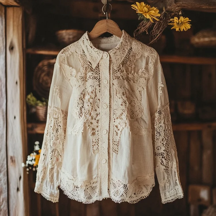 Lunivibe Women's Retro Lace Embroidery Art Lapel Shirt