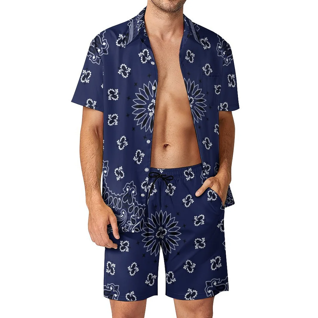 Blue Bandana Men Hawaiian 2 Piece Outfit Vintage Button Down Beach Shirt Shorts Set Tracksuit with Pockets