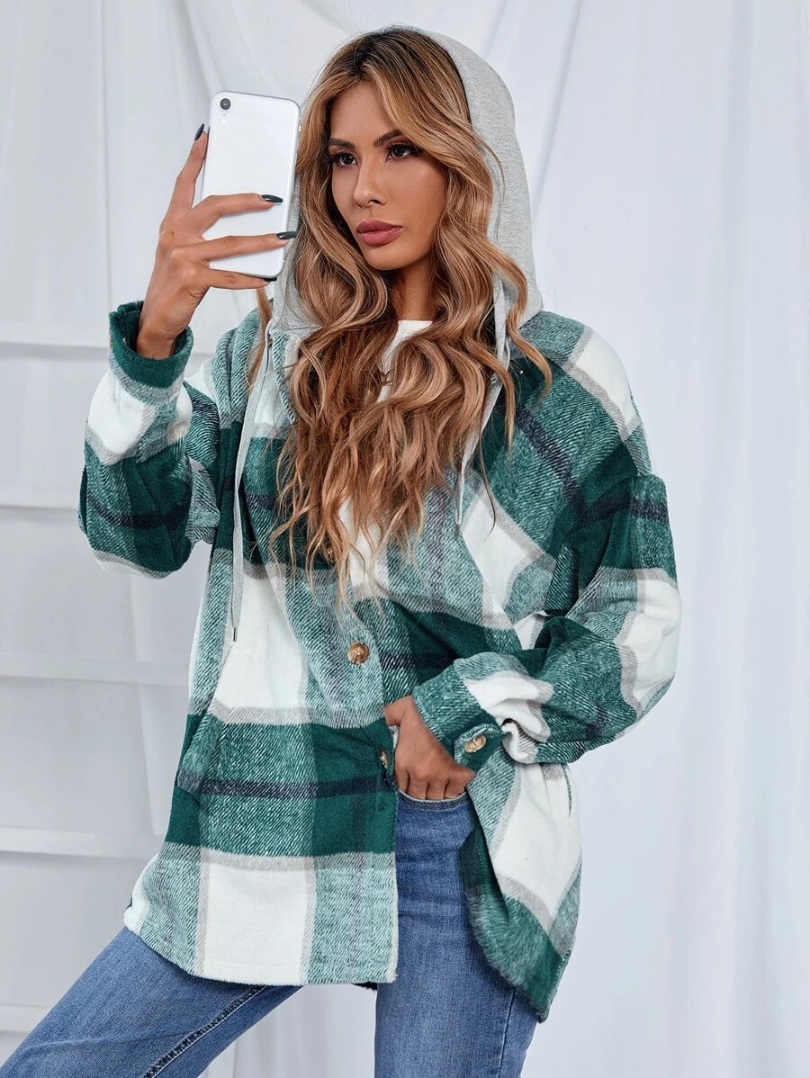  thdmladies Woolen Plaid Hooded Coat thedmladies
