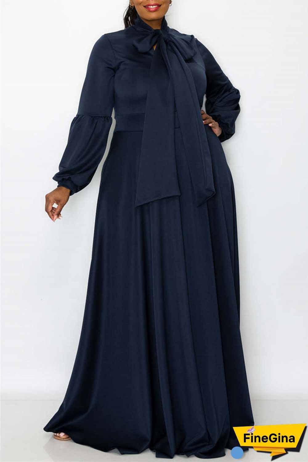 Tibetan Blue Casual Solid With Bow O Neck Long Sleeve Plus Size Dresses
