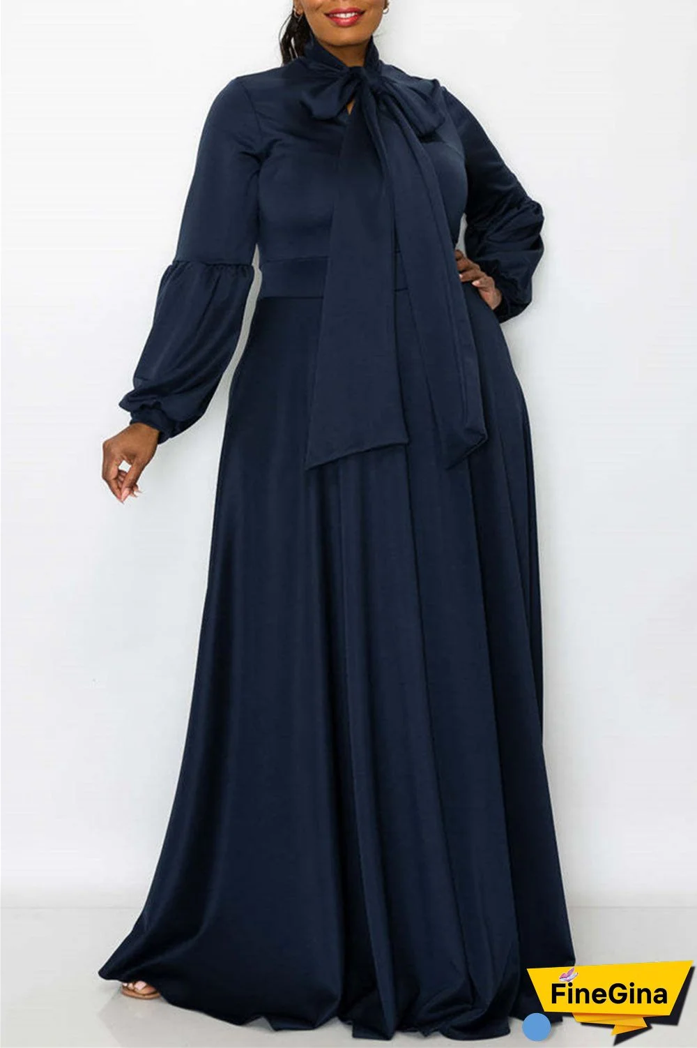 Tibetan Blue Casual Solid With Bow O Neck Long Sleeve Plus Size Dresses