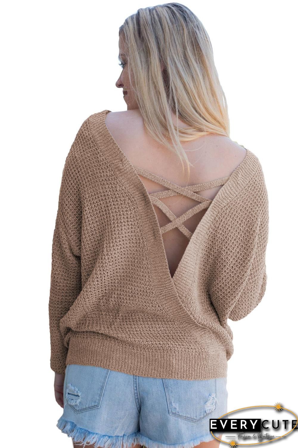 Khaki Cross Back Hollow-out Sweater