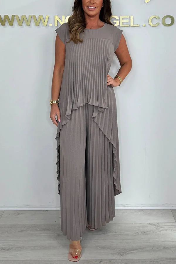🔥2025 New arrivals - 50% OFF🌺Laney Pleated Short Sleeve Irregular Midi Top and Elastic Waist Wide Leg Pants Set✨