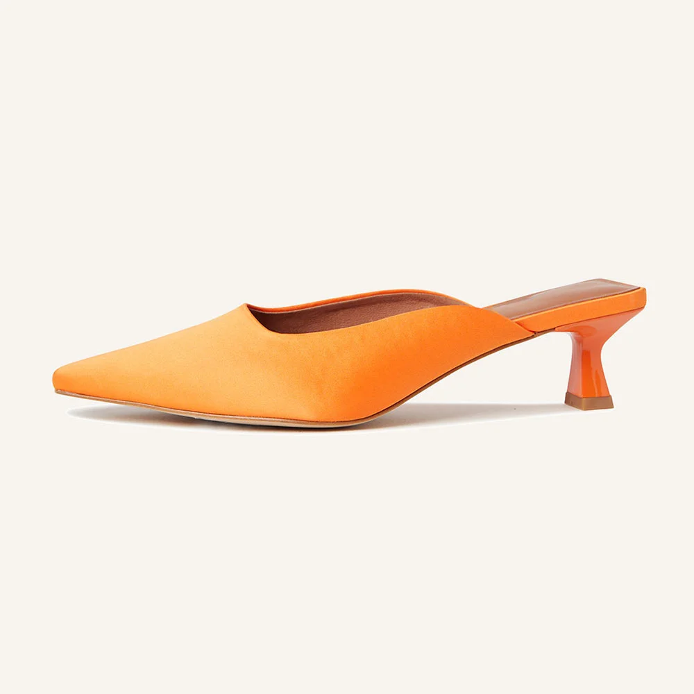 YDN Orange Satin Kitten Heel Pointed Toe Mules Shoes for Women