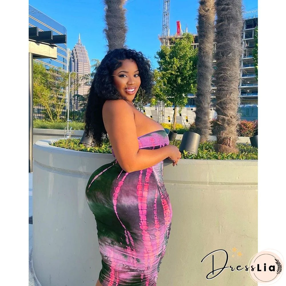 Summer Tie Dye Plus Size Fashion Clubwear Strapless Crop Top Maxi Skirts Women Sexy Two Piece Set