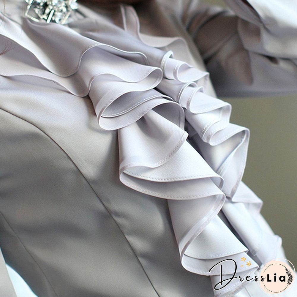 Womens Satin Silk-like Long Sleeve Office Slim Shirt Frill Drape Ruffle Trim Stand Collar Blouse Top