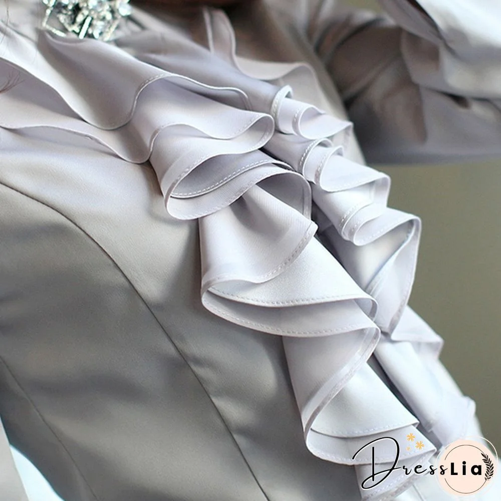 Womens Satin Silk-like Long Sleeve Office Slim Shirt Frill Drape Ruffle Trim Stand Collar Blouse Top