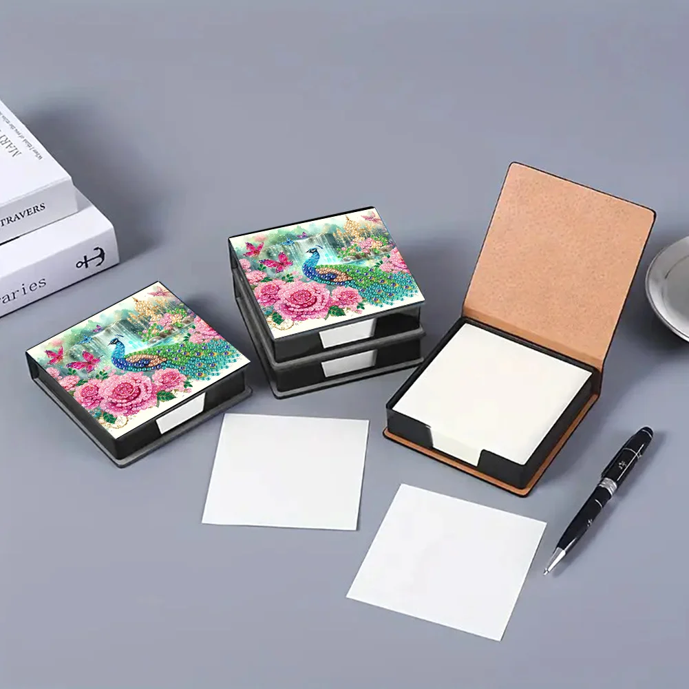 DIY Flower Peacock Leather Diamond Art Note Box with 160 Sheets of Paper for Beginners