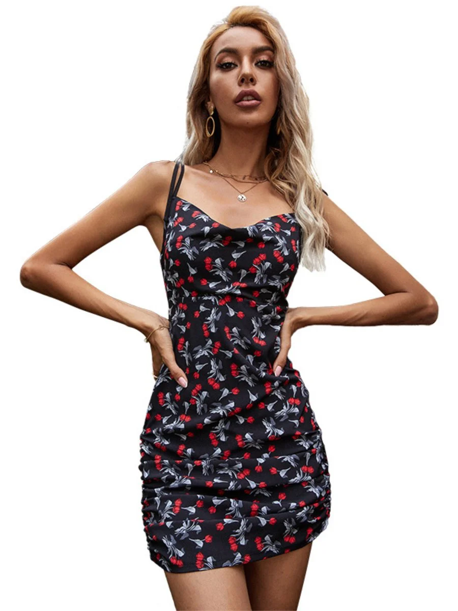 Women's Spaghetti Strap Dress Hips-Wrapped Double Drawstrings Pleated Floral Dresses