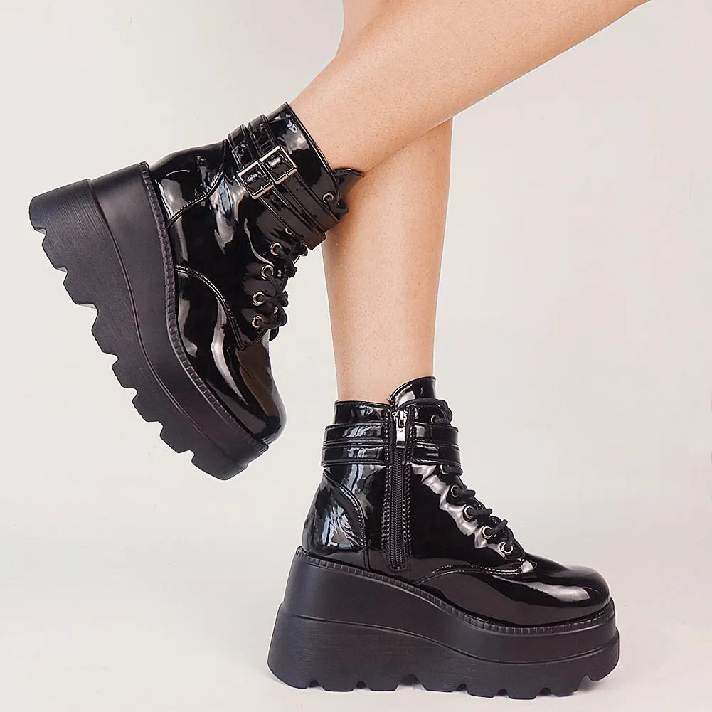 BONJOMARISA 2021 Brand Platform Designer Goth Cool Motorcyle Women Boots Punk Street Zipper Elastic Band Black Ladies Shoes
