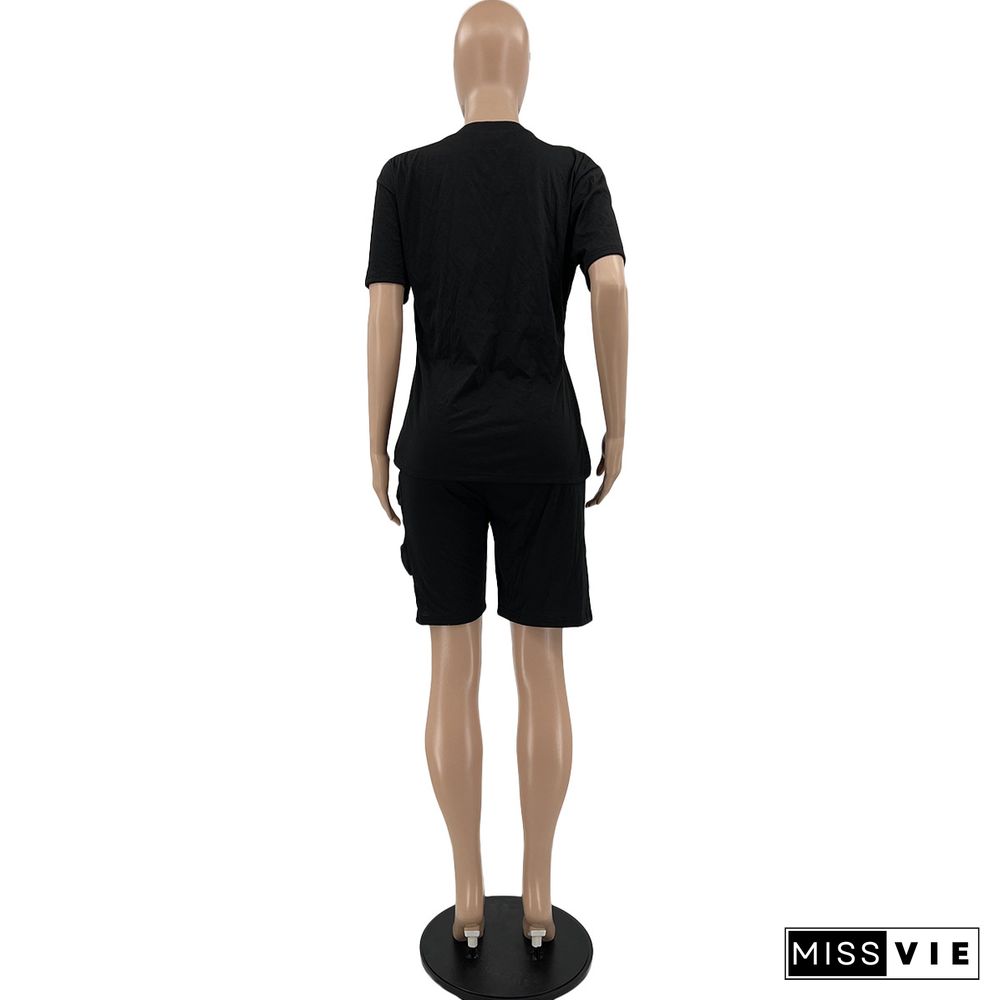 Fashing Solid Women Clothing Round Neck Short Sleeve T Shirt Bodycon Hole Biker Shorts Two Piece Outfit