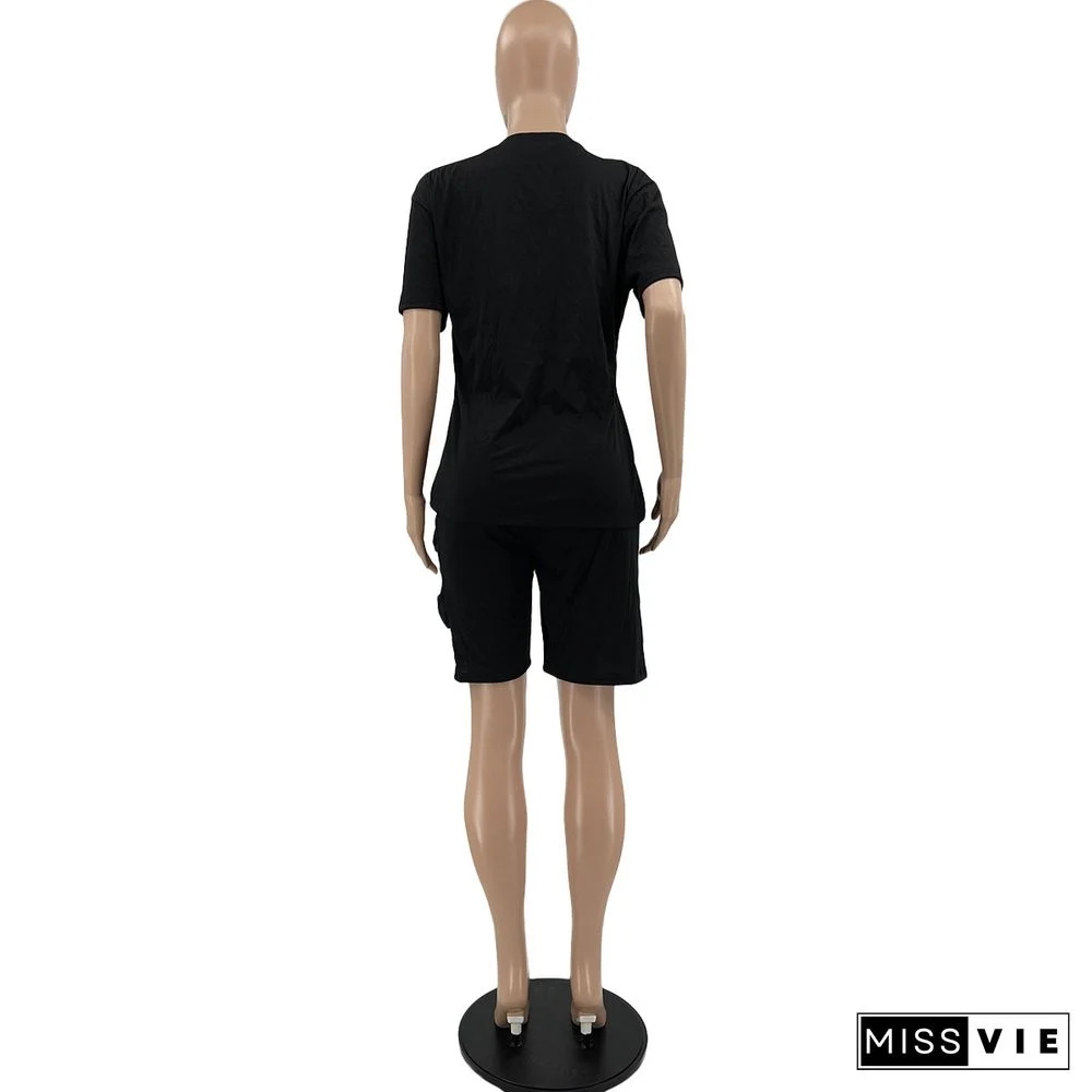 Fashing Solid Women Clothing Round Neck Short Sleeve T Shirt Bodycon Hole Biker Shorts Two Piece Outfit