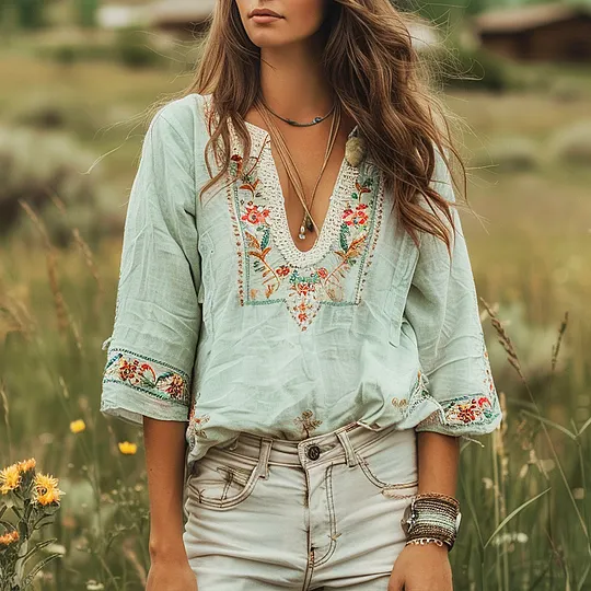Bohemian Floral Embroidered Blouse with Casual Denim Shorts