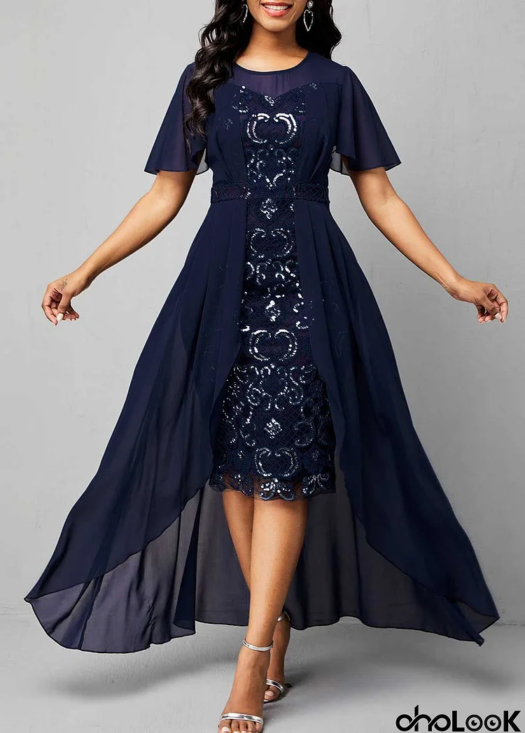 Chiffon Sequin Embroidered Round Neck Dress