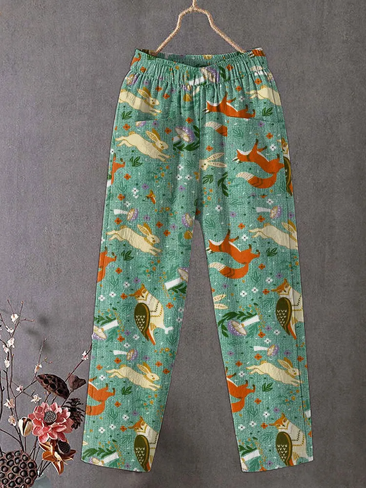 Women's Vintage  Forest Animals Art Print Cotton And Linen Casual Pants