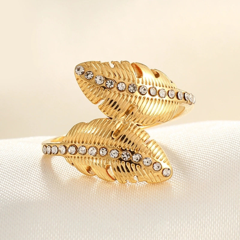 2 Pieces Modern Style Classic Style Geometric Leaf Heart Shape 304 Stainless Steel Zircon 18K Gold Plated Plating Open Rings