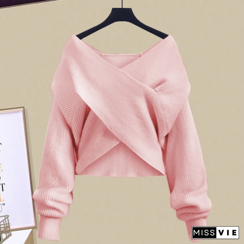 Cross Knit Sweater Flouncing A-line Slip Dress Two Pieces