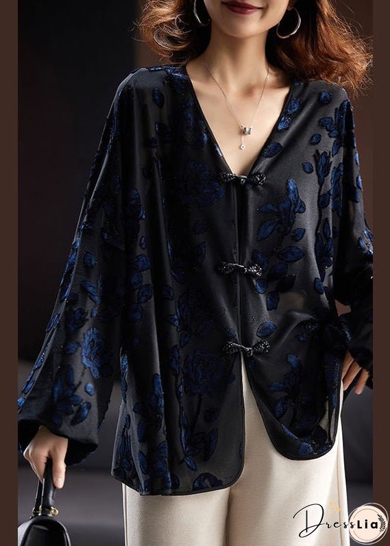 Loose Black V Neck Embroideried Button Velour Top Long Sleeve