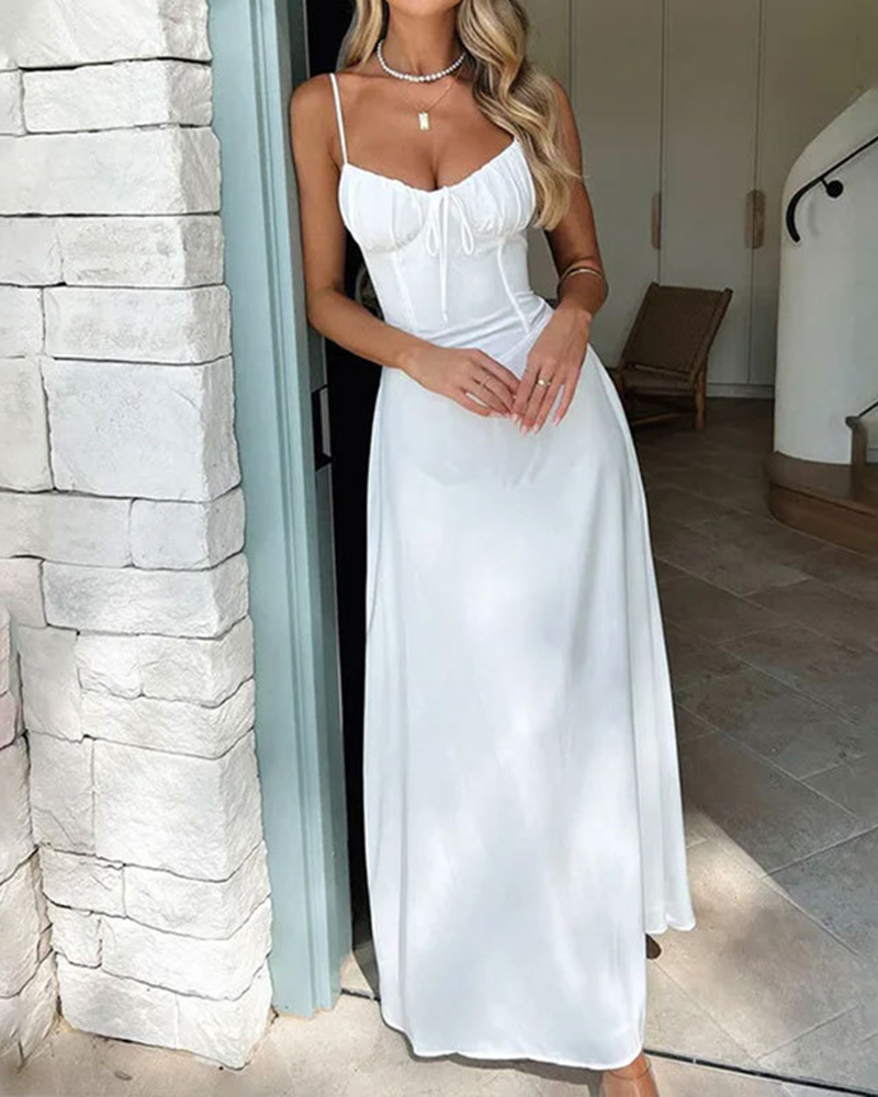 Thin Spaghetti Strap Sweetheart Neckline Ruffled Detail Maxi Dress