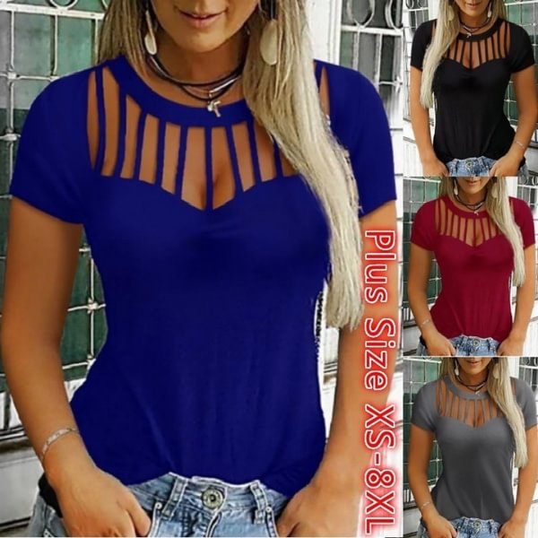 Women Girls Summer O Neck Short Sleeve Cutout Shirts Casual Blouse T Shirt Tops - Shop Trendy Women's Clothing | LoverChic