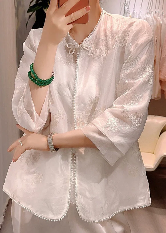 Chinese Style White Embroideried Patchwork Silk Shirt Summer