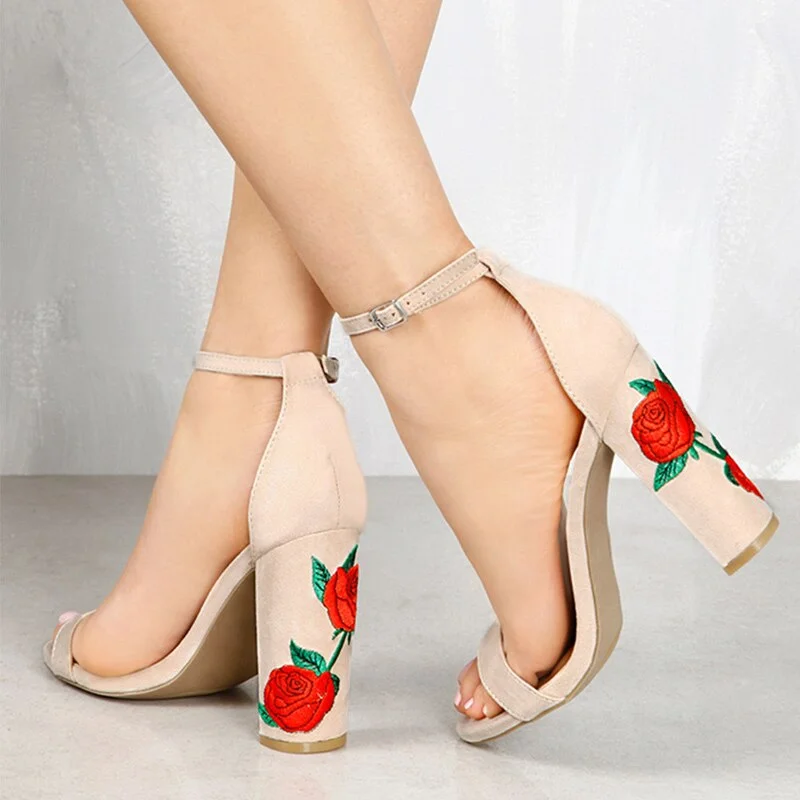 Women Pumps Plus Size 43 High Heels Women Shoes With Embroider Thick Heels Sandals Summer Shoes Female Peep Toe Wedding Shoes