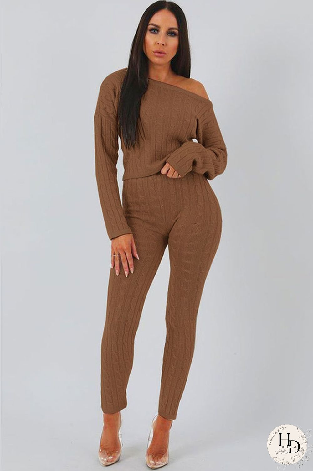 Coffee Elastic Fly Long Sleeve Mid Solid pencil Pants Two-piece suit