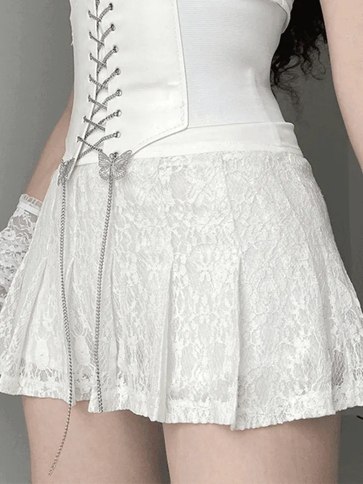 Brownm A Line Pleated Lace Mini Skirt