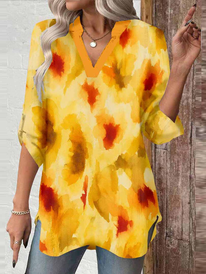 Women Artistic,Yellow,Red DZGA0254 3/4 Sleeve V-neck Printed Graphic Button Tops