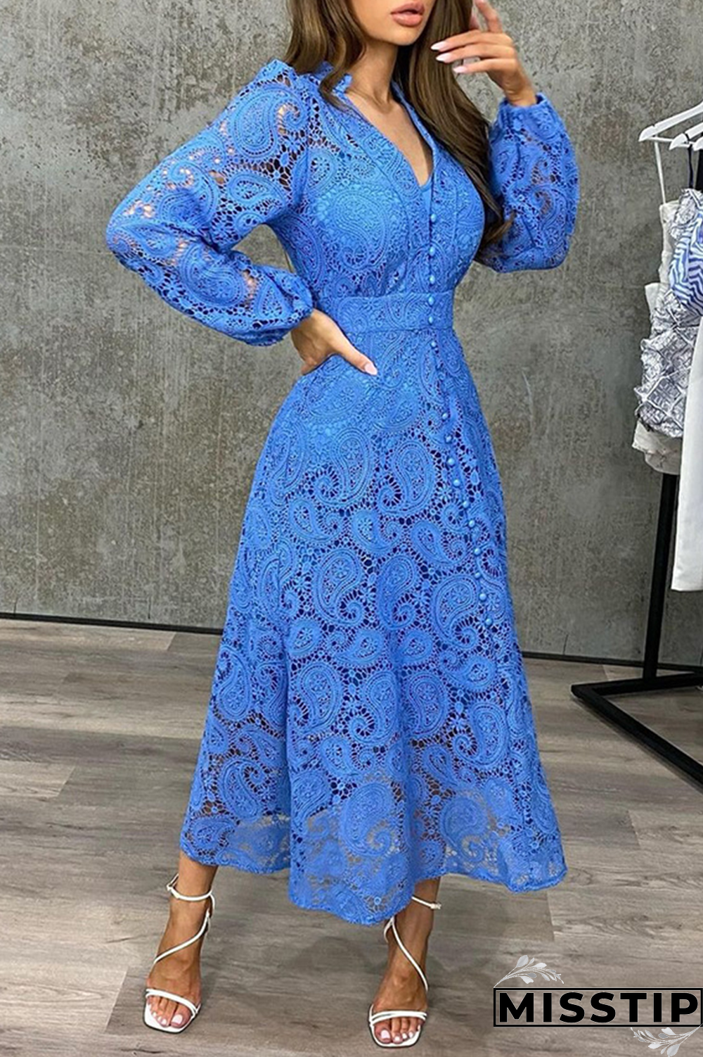 Blue Fashion Solid Lace V Neck Lace Dress Dresses