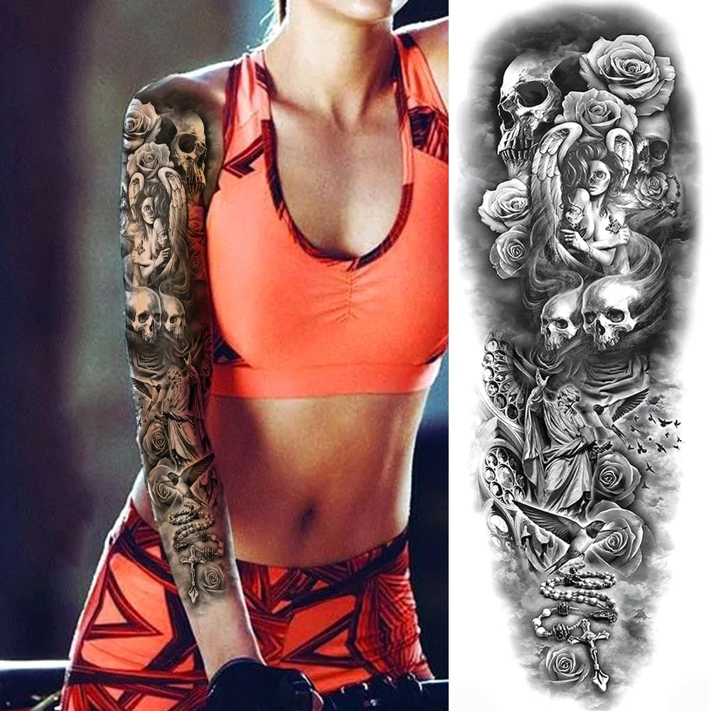 For Men Women Body Art Full Arm Sleeve Black Flower Tatoo Water Transfer Fake Tattoo Stickers Large Compass Temporary Tattoos