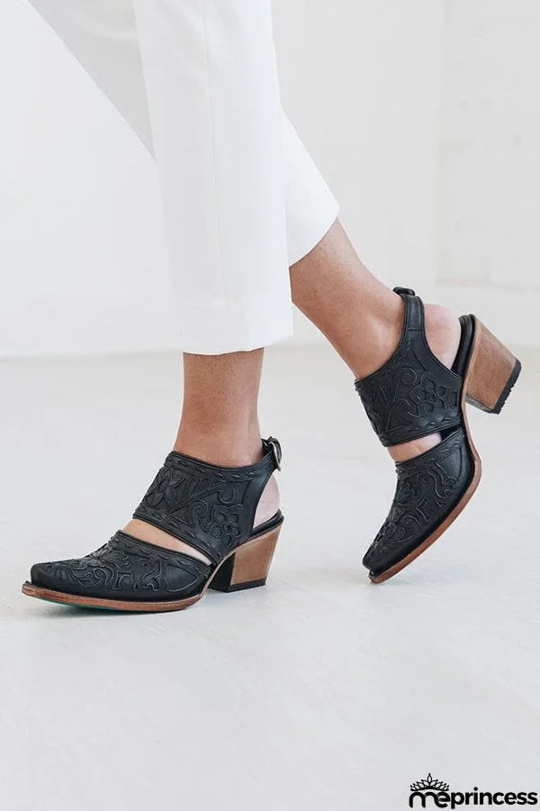 Etching Cut Out Chunky Heels Ankle Mule Boots