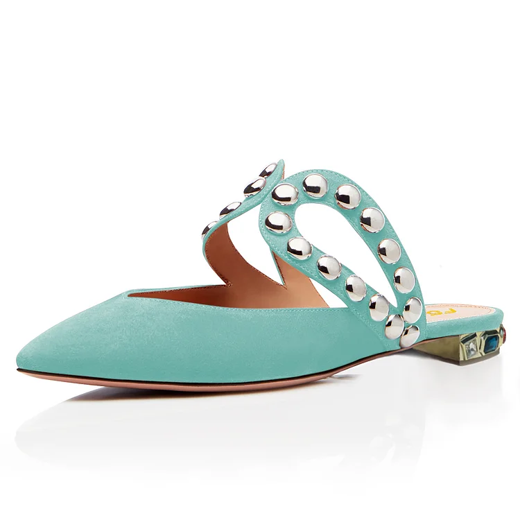 Turquoise Studs Mules Vegan Suede Trendy Flats |FSJ Shoes