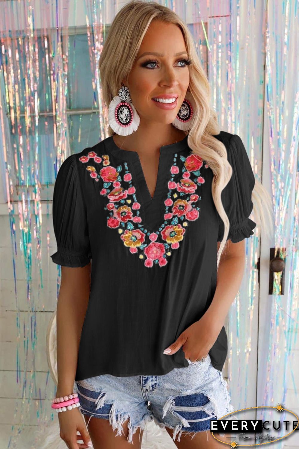 Black Floral Embroidered Ruffled Puff Sleeve Blouse
