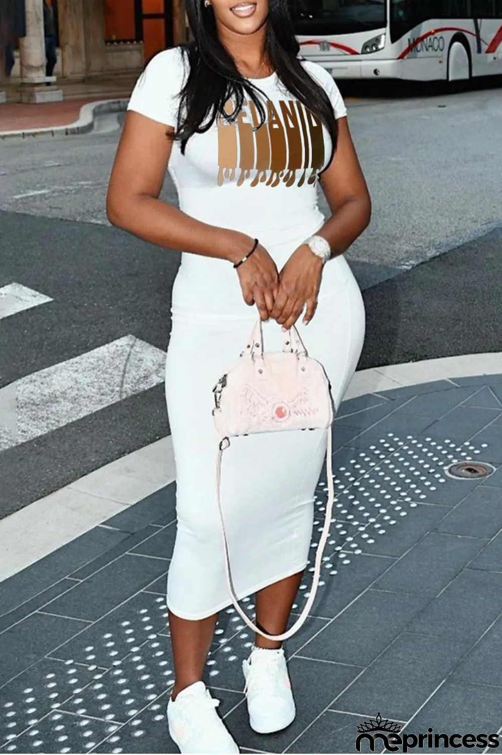 White Casual Print Basic O Neck Short Sleeve Dress