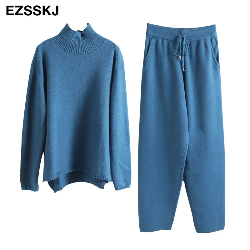 2 Pieces Set Women Knitted Tracksuit Turtleneck Sweater + Carrot Jogging Pants Pullover 2021  Sweater Set CHIC Knitted Outwear