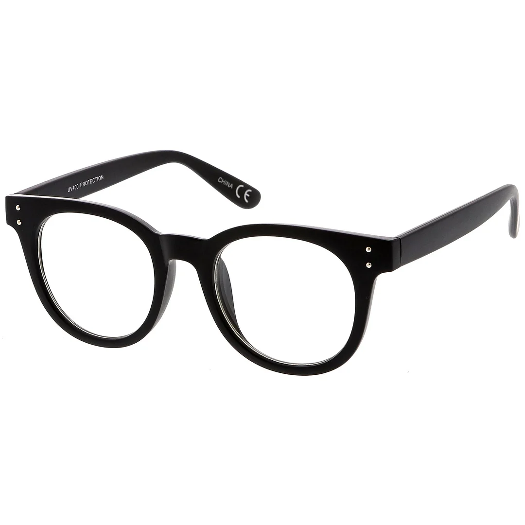 Classic Horn Rimmed Eyeglasses With Rivet Accent Wide Arms Clear Lens 48mm