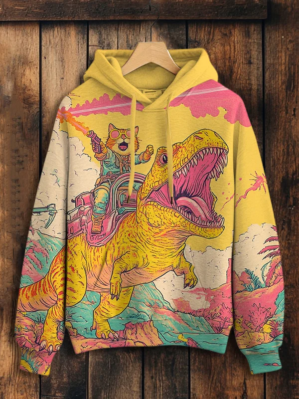 Women's Cat and Dinosaur Fantasy Art Print Casual Hoodie